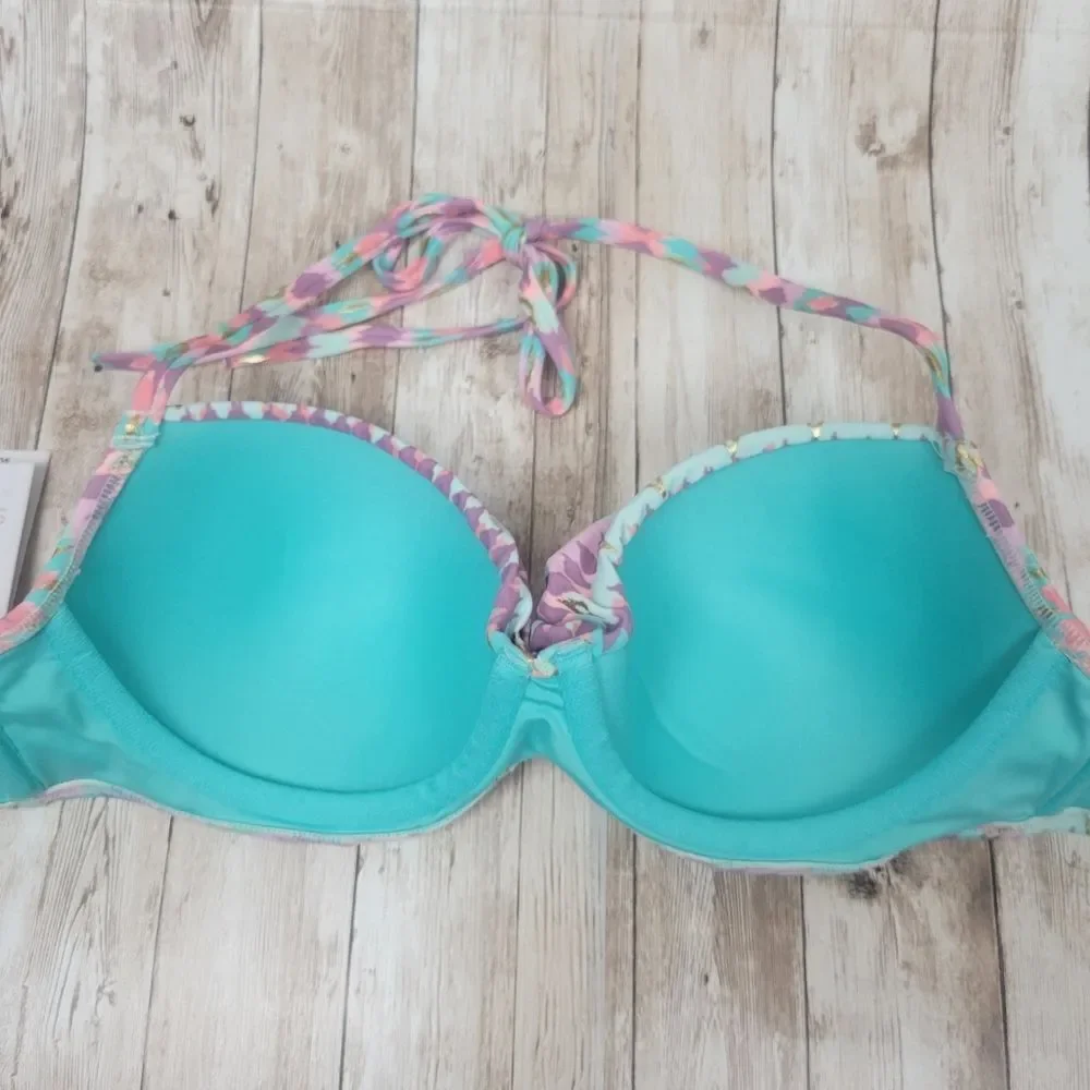 Shade And Shore Front Twist Halter Bikini Top And Bottoms Purple Pink Teal 36B L